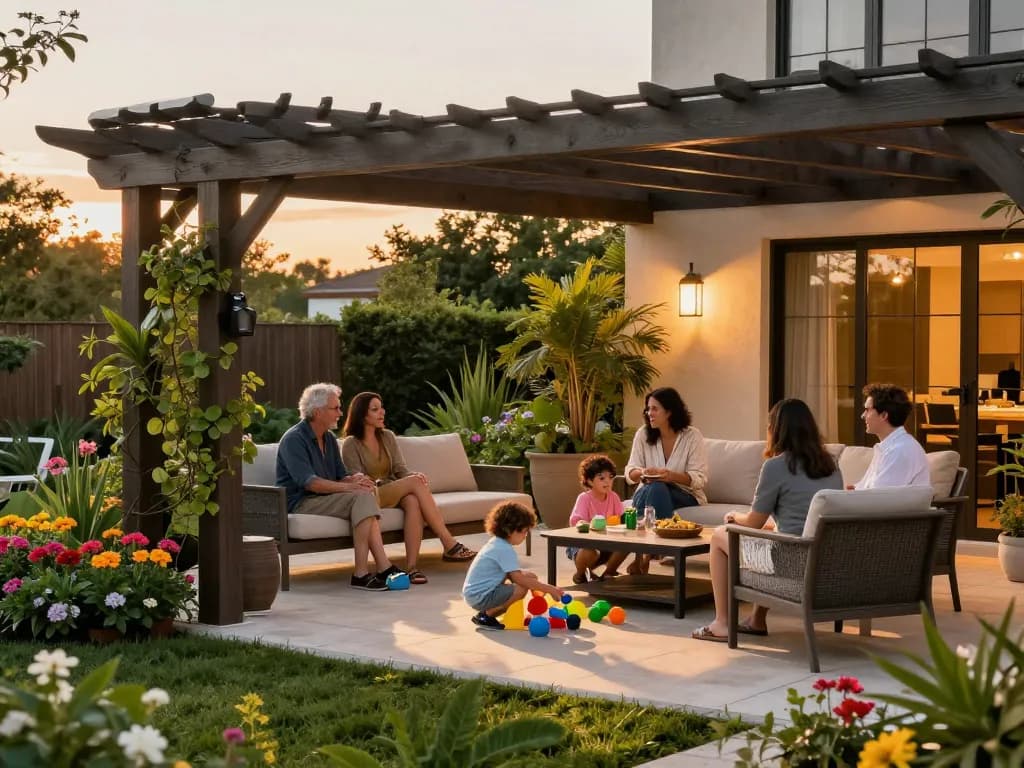 Family enjoying a gathering under a custom pergola, showcasing the custom pergola configurator.