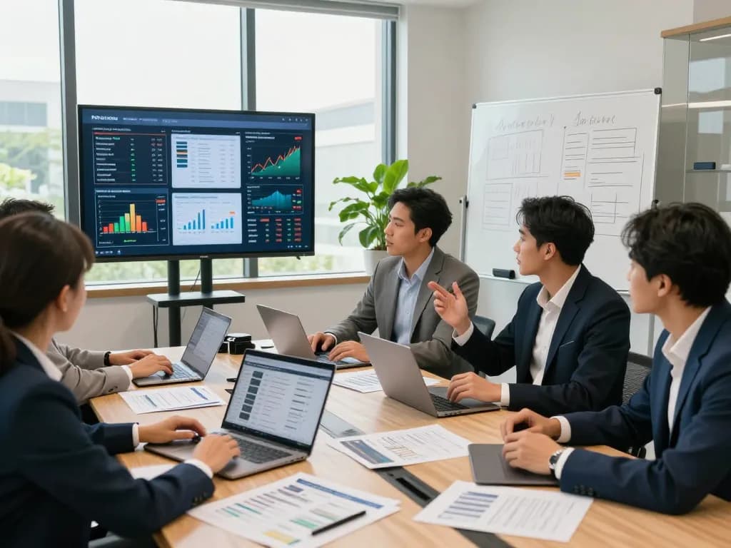 Dynamic meeting of the Nationwide investors group analyzing real estate investment strategies in a modern office.