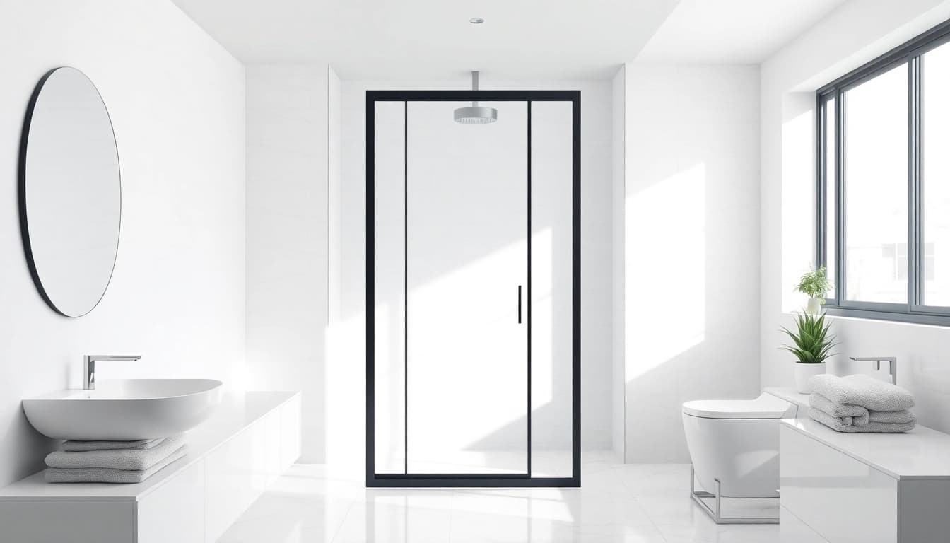 Stylish bathroom featuring a sleek shower door black frame and modern fixtures, showcasing elegance.
