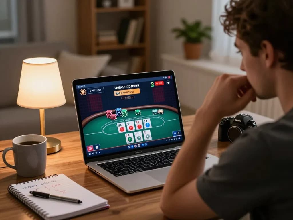 Berpartisipasi dalam permainan Texas Hold'em Paris888 yang menarik di laptop di ruang tamu yang nyaman
