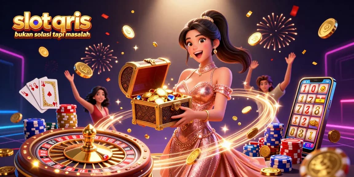 Engage with slot qris bukan solusi tapi masalah through a vibrant casino scene of a joyous woman showcasing treasure amidst dynamic game elements.