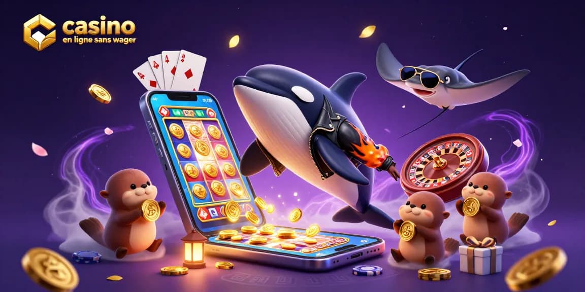 Casino en ligne sans wager : illustration 3D d'une orque et d'une raie dans un univers de jeux