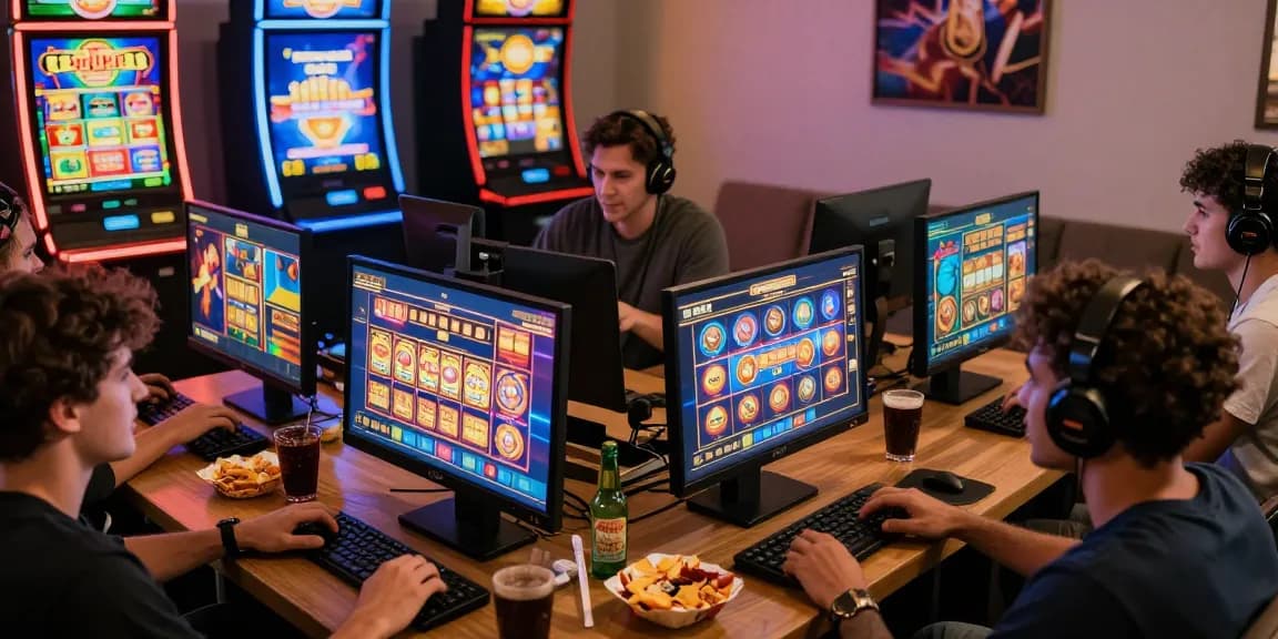 Multiplayer engaging in slot games online, showcasing excitement and camaraderie in a cozy setting.