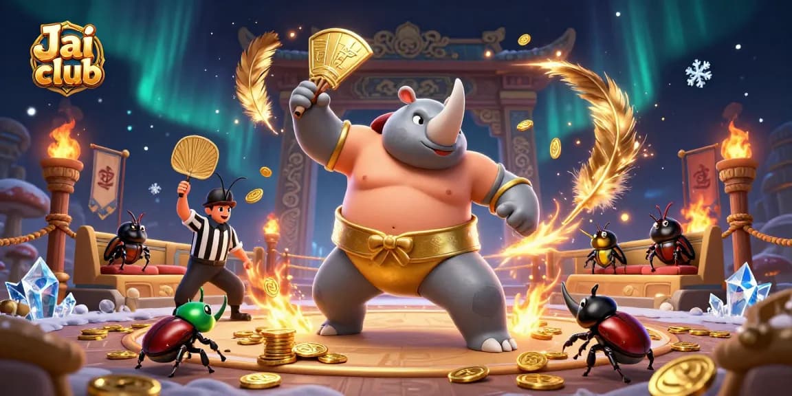 Engage in thrilling games at Jai club with a vibrant scene featuring a beetle champion and dynamic elements.