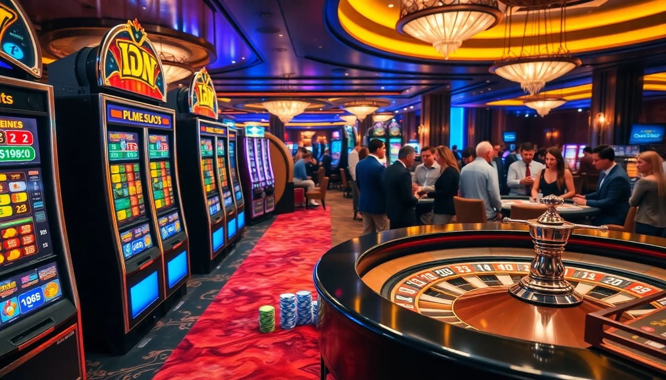 Experience excitement at an idn slot gaming area featuring vibrant machines and colorful chips.