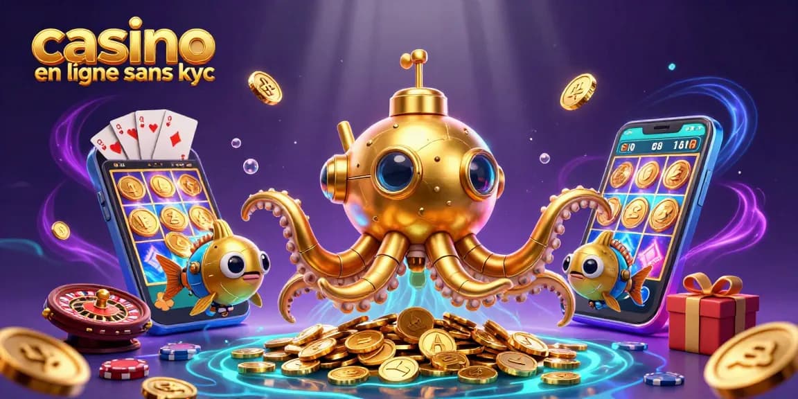 Jouez dans un casino en ligne sans KYC avec un kraken doré et des pièces d'or éparpillées.