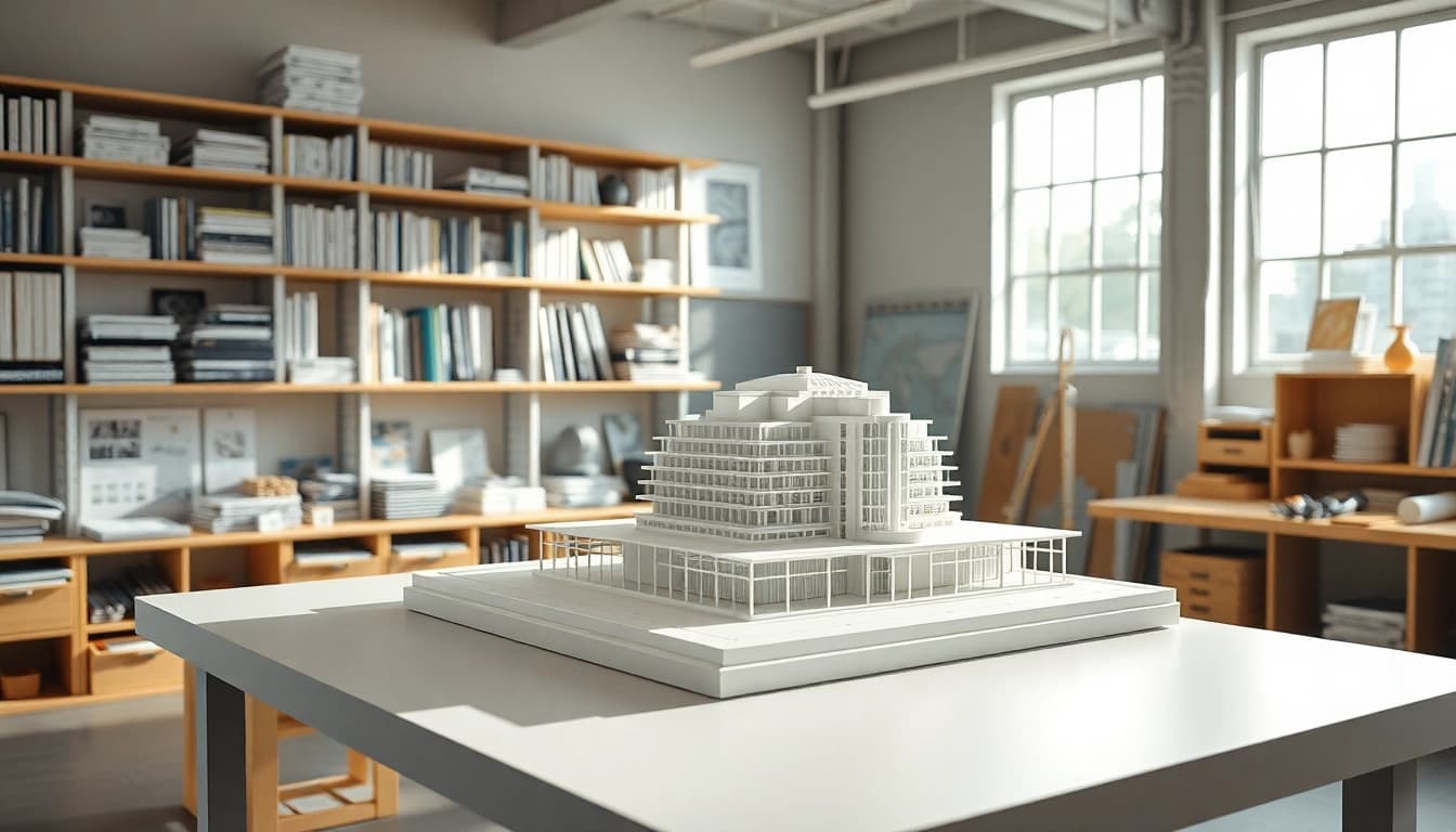 Architekturmodellbau Bonn: Detailliertes Modell eines futuristischen Gebäudes in einem modernen Studio.