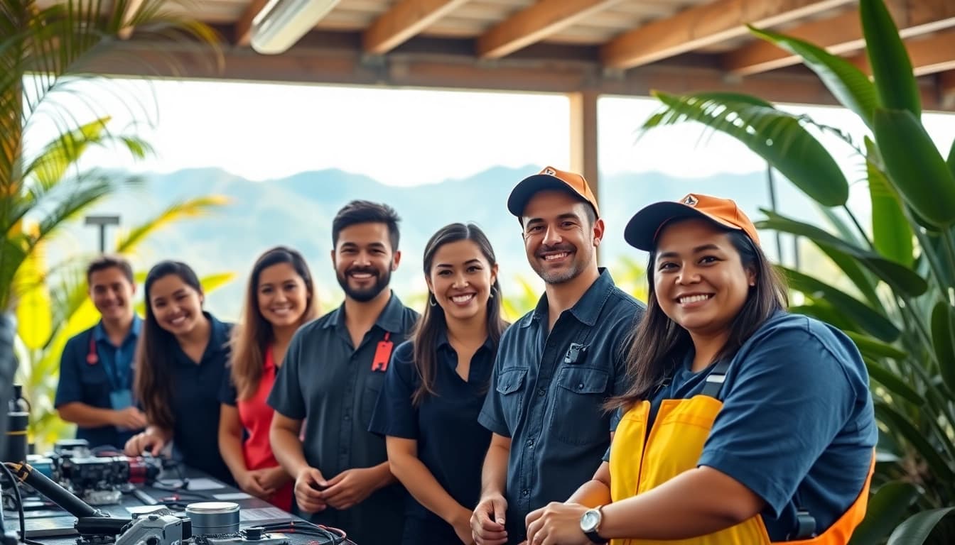 A diverse group of students engaged in practical training at hawaii trade schools.