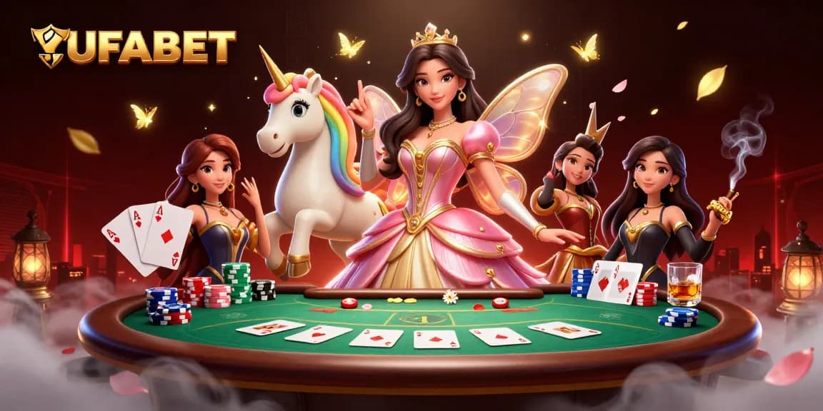 Engage in thrilling gameplay at UFABET, illustrated with a glamorous woman, poker elements, and fantasy style.