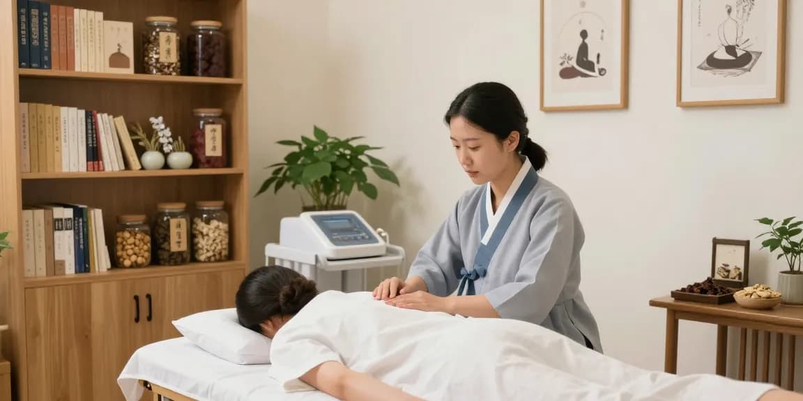 Healing therapy in 영통한의원 with an acupuncturist treating a patient in a serene environment.