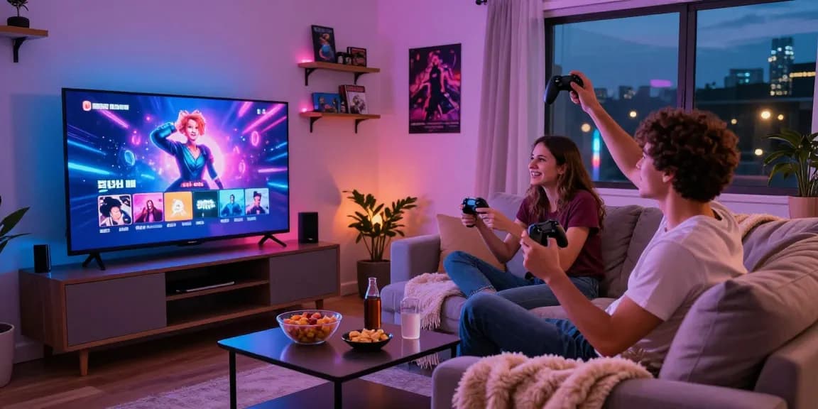 Couple enjoying free porn games in a cozy living room with snacks