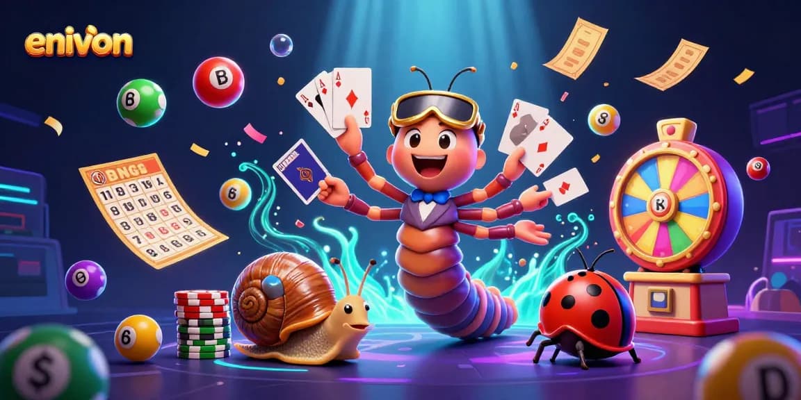 Bettors enjoy vibrant gambling with environ-themed characters amidst lottery excitement.