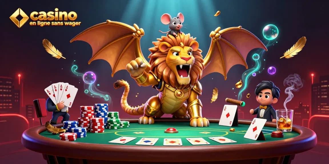 Illustration d'un casino en ligne sans wager avec une chimère dorée et une souris jockey, entourée de jetons et de cartes de poker.