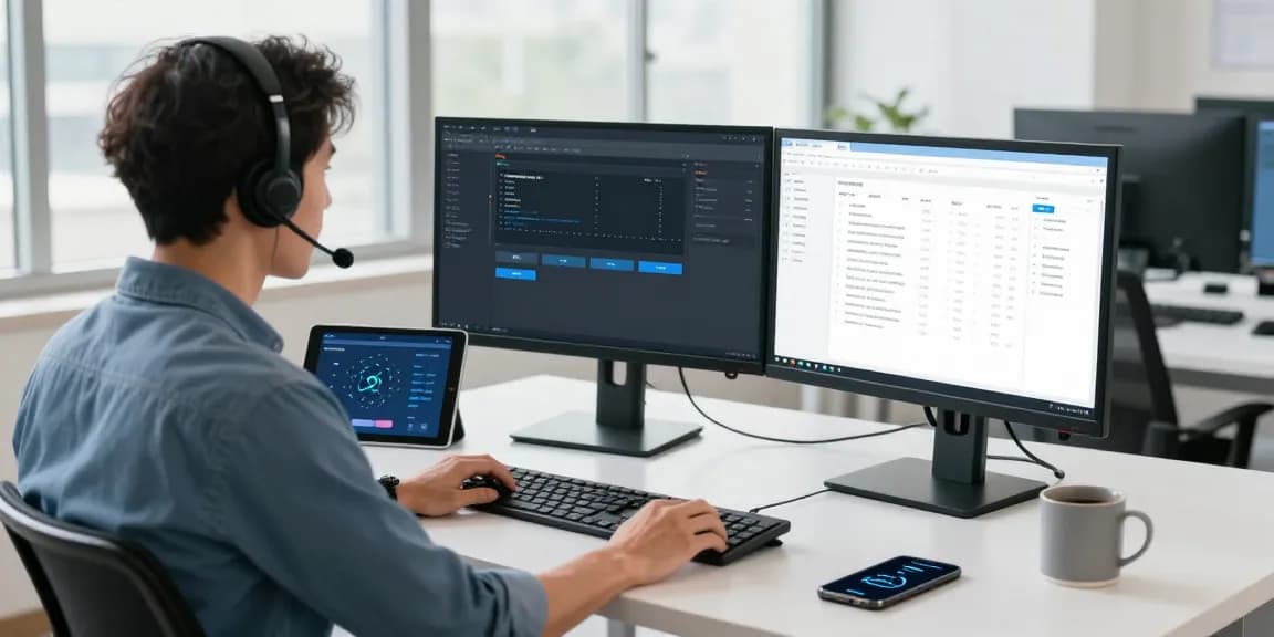 Remote IT support for small business illustrated by a technician assisting clients in a bright office environment.