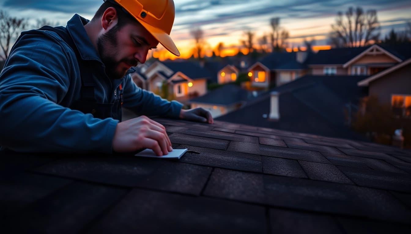Roof repair inspection by a contractor on a damaged roof, showcasing expertise and care.