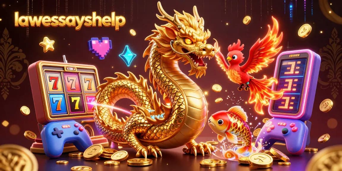 Unleash winning strategies with lawessayshelp, featuring a dragon, phoenix, and golden koi in a casino-themed illustration.