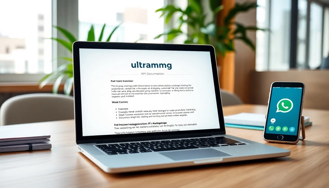 Explore ultramsg application in a modern office workspace with API documentation on a laptop.