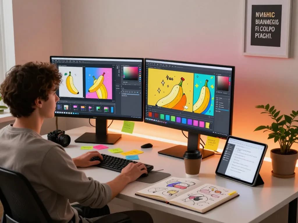 Creative workspace showcasing Nano Banana AI image editor, highlighting innovative designs and tools.