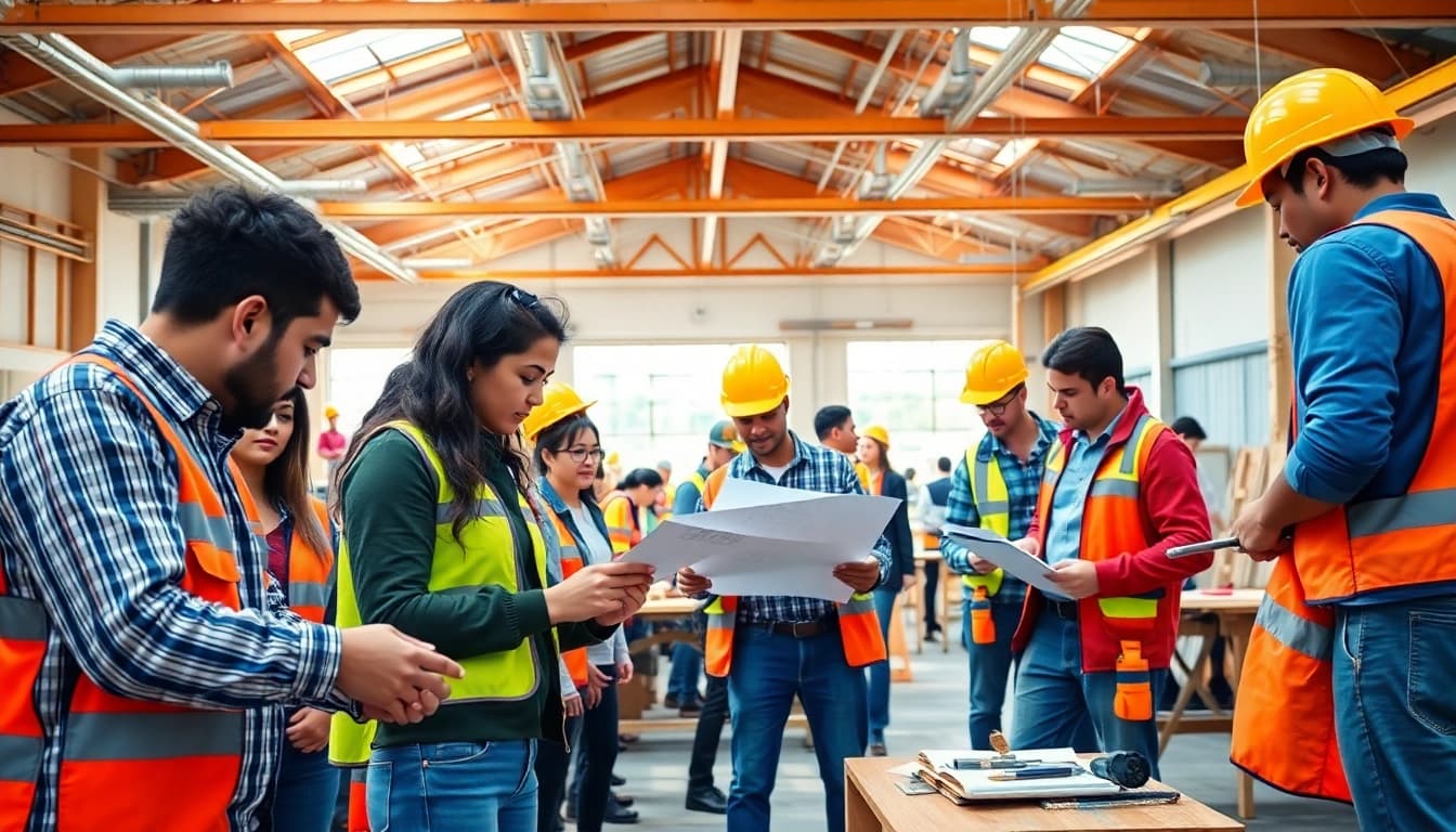 Participants actively engaged in construction training programs with tools and blueprints in a lively workshop.