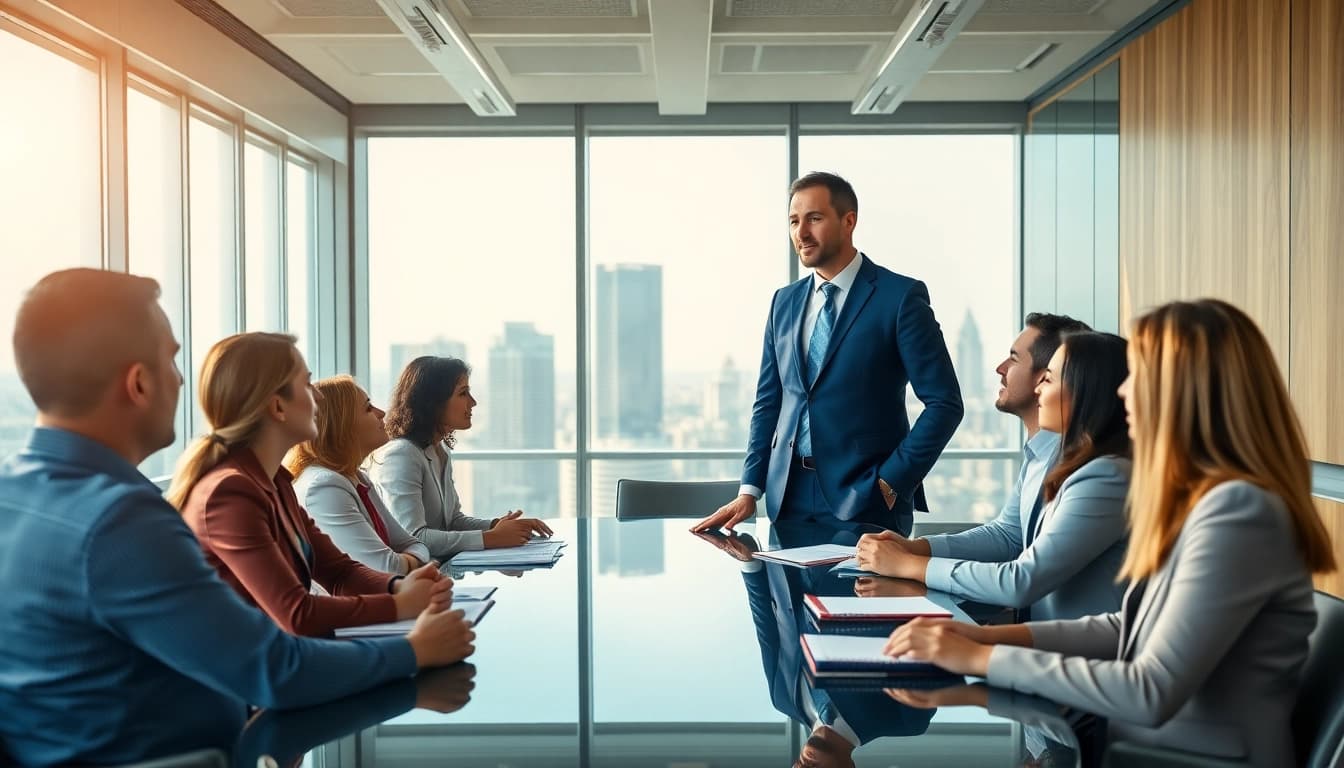 Crisis management consultant leading a collaborative team discussion in a modern office.