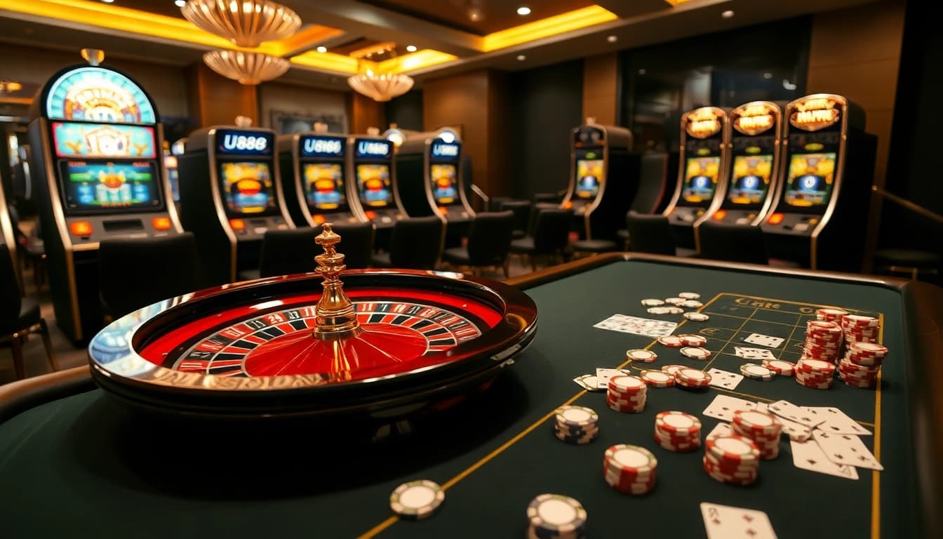 Experience the thrill of U888 with immersive casino games featuring elegant tables and vibrant slot machines.