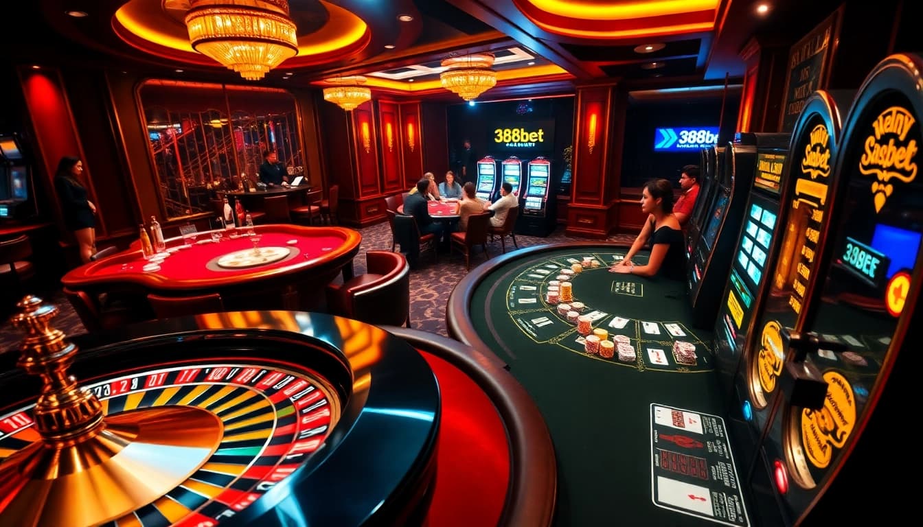 Experience the thrill of winning at 388bet with vibrant casino tables and exciting slot machines.