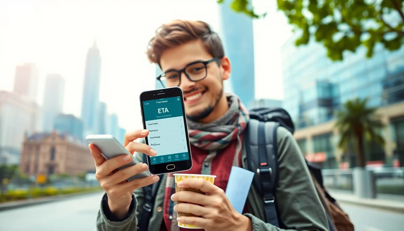 Apply for the eta application uk with a traveler using a smartphone outdoors.