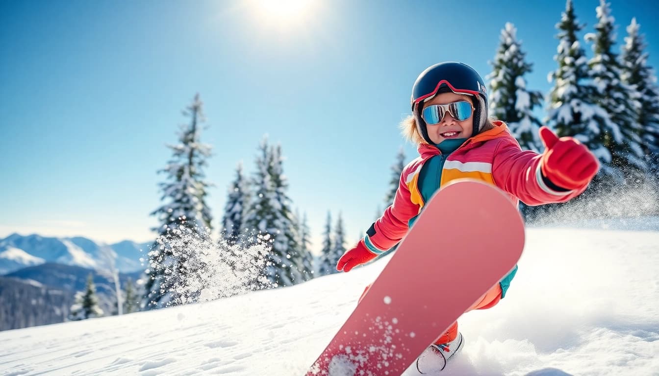 Kids Snowboards: A child joyfully snowboarding on a snowy slope in vibrant winter attire.