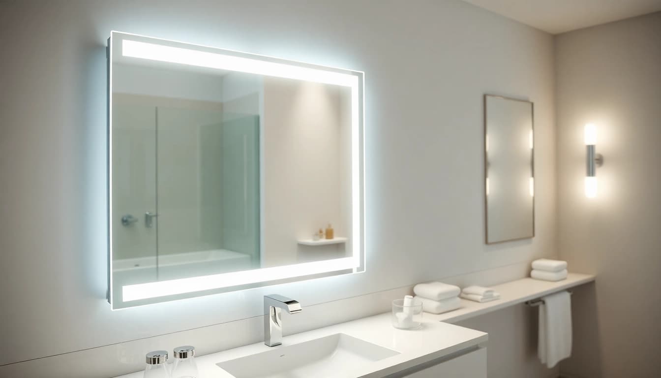 Enhance your bathroom with a stunning mirror with lights featuring elegant reflections.