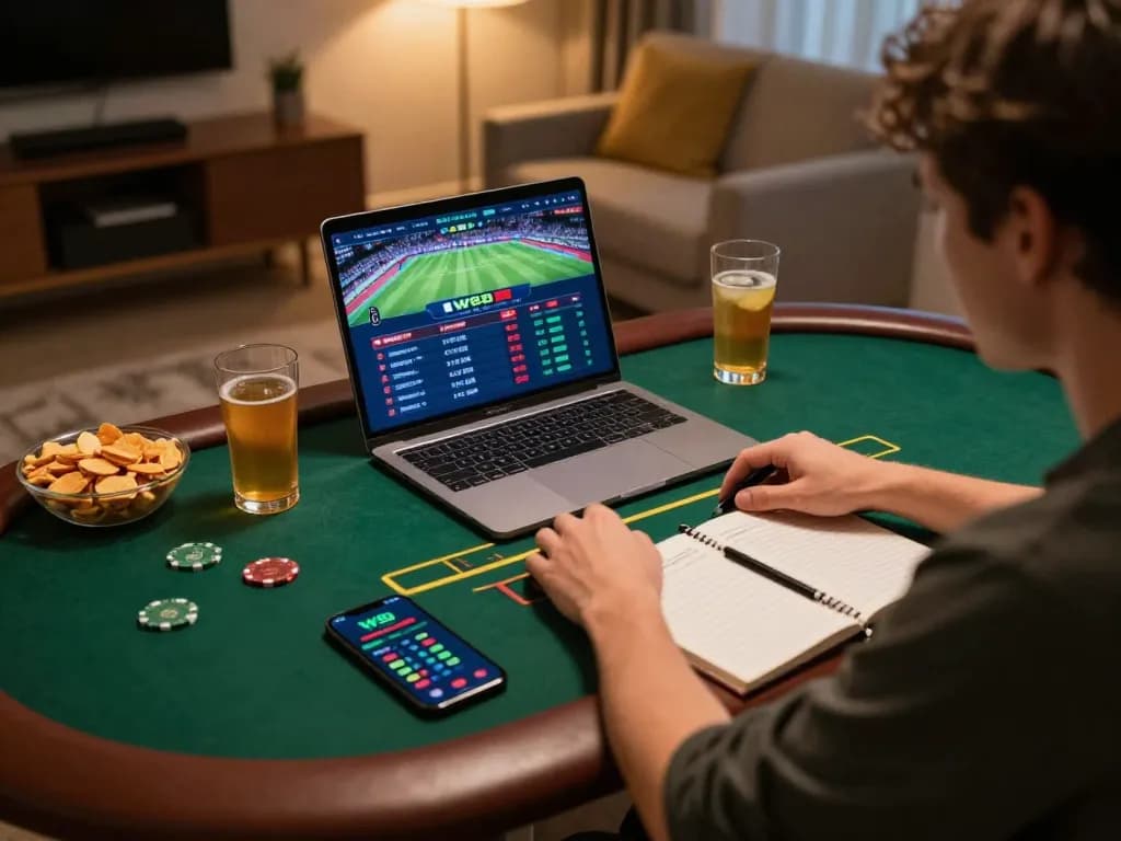Betting online at https://w88bet.football/ shows excitement during live sports events with a cozy setup.