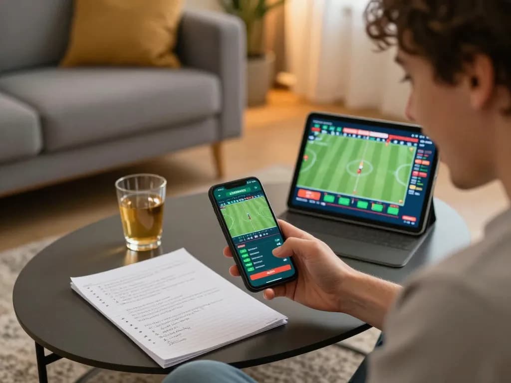 Soi keo nha cai – Excited person using smartphone for sports betting with real-time updates.