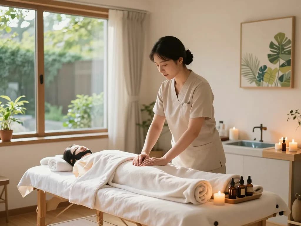신사동마사지 session setup in a calming spa environment with soothing elements.