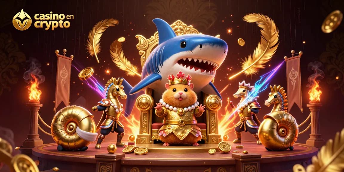 Jouer au casino en crypto avec le roi hamster et ses gardes, entourés de jeux et d'effets spéciaux dynamiques.