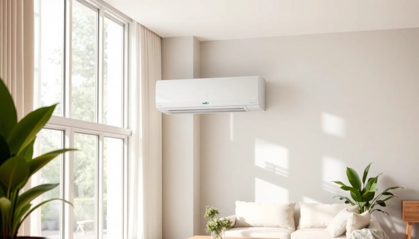 Install a daikin mini split ac in a stylish living room with bright natural light.