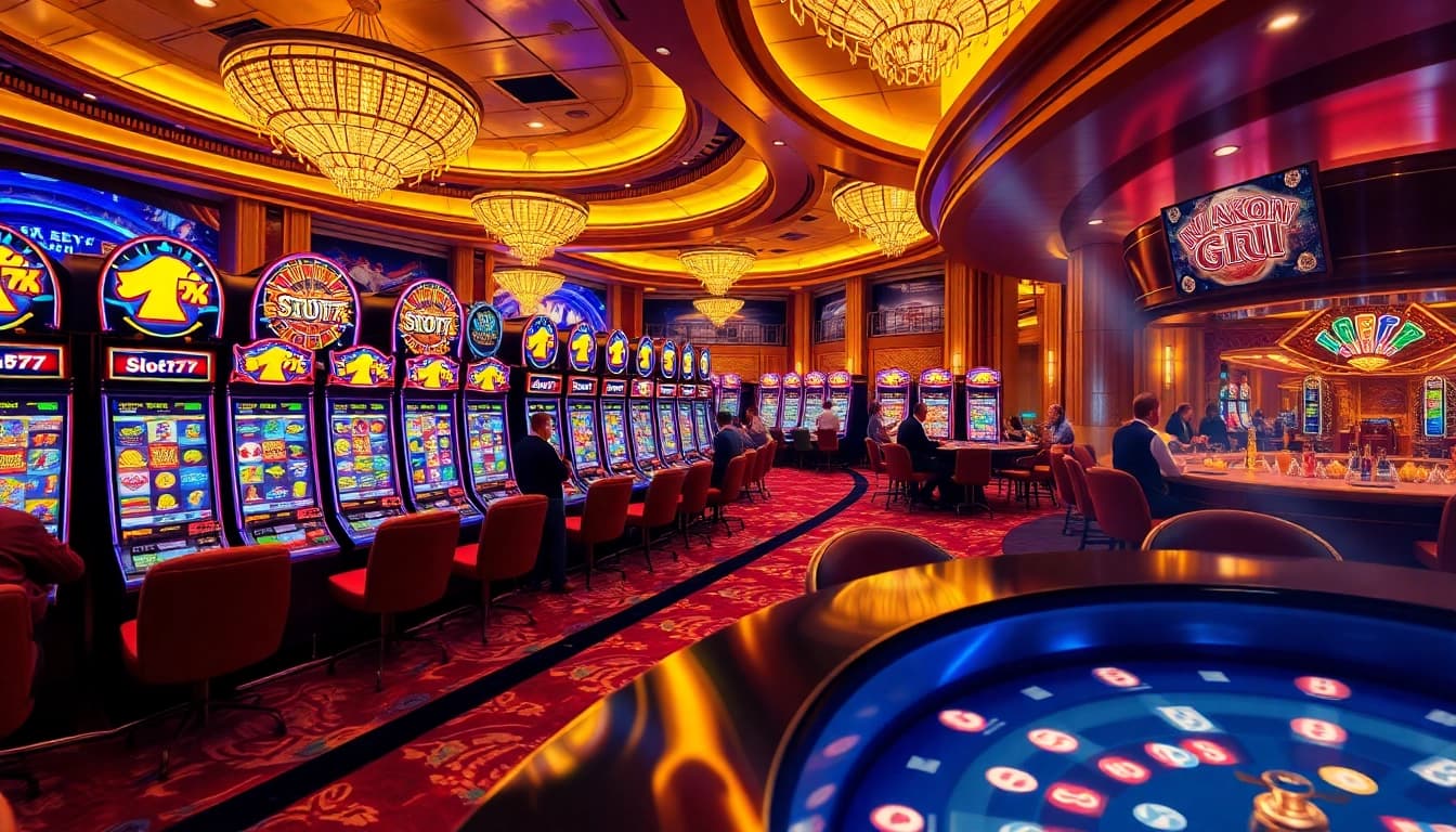 Players enjoying the thrill of Slot777 slot machines in a luxurious casino environment