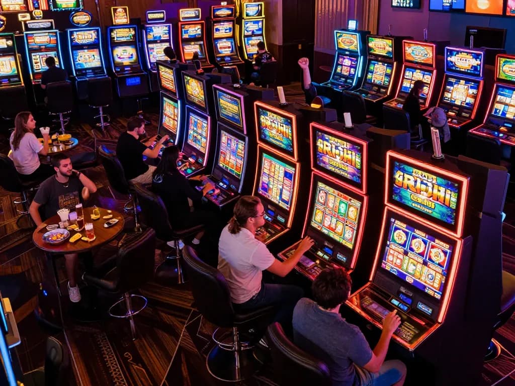 Exciting action at เว็บสล็อต with players spinning colorful slot machines, capturing the lively casino atmosphere.