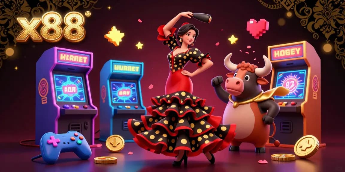 The vibrant scene showcases x88 with a flamenco dancer and a cartoon bull, vibrant casino elements surrounding them.