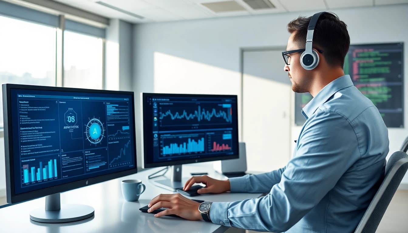 Cybersecurity AI tools being analyzed by an expert in a modern office setting.