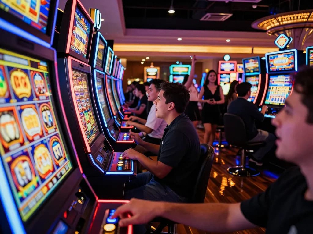 Captivating scene of players engaging with slot gacor machines in a bustling casino, vibrant neon lights adding excitement.