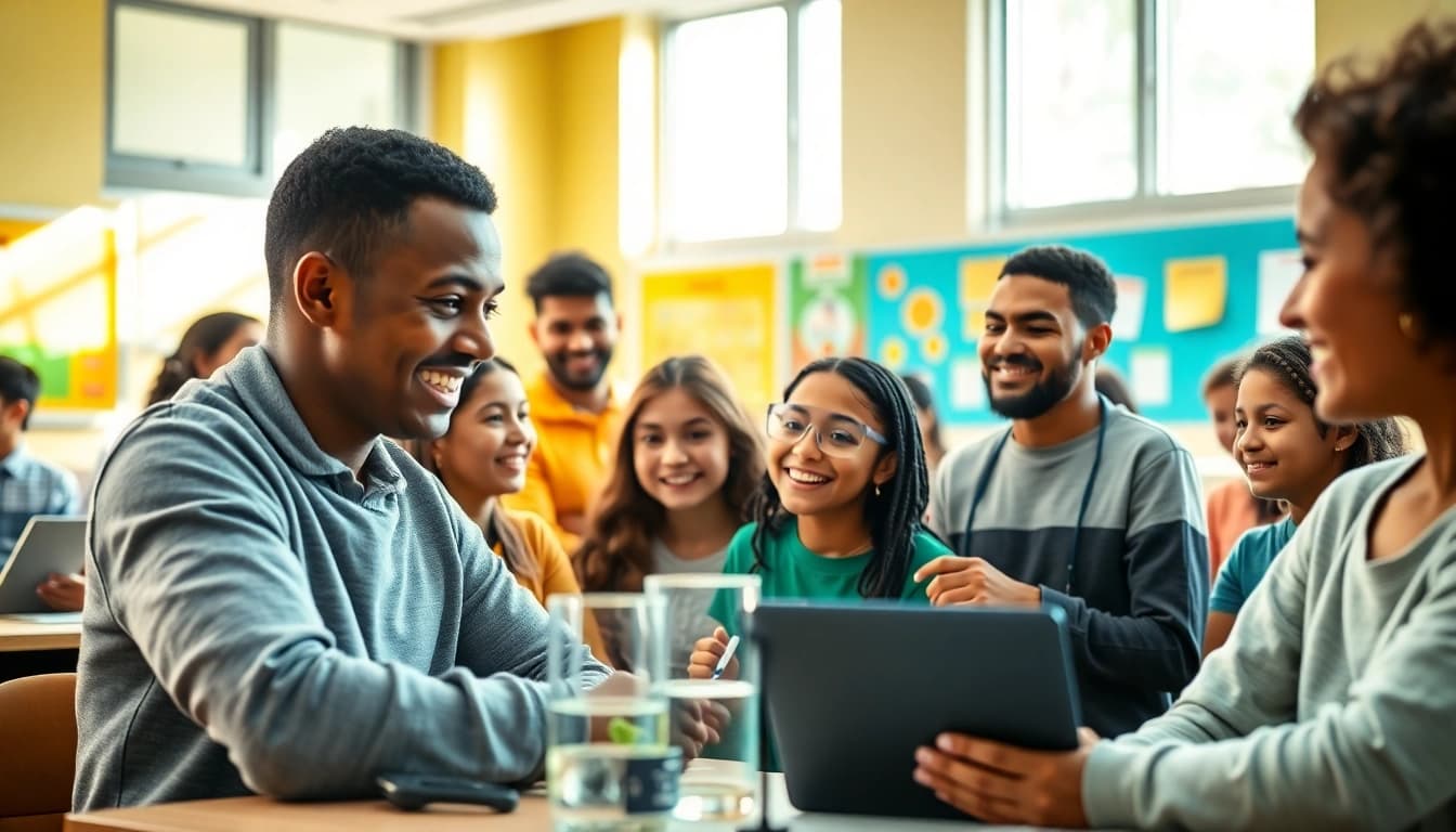 Education students collaborating in a vibrant classroom filled with natural light