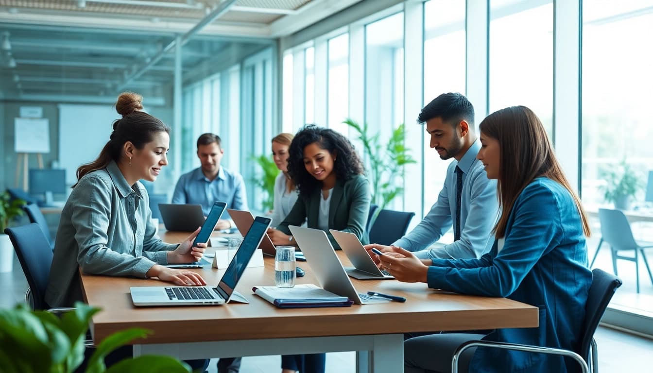Showcasing professionals using enterprise assistant software in a collaborative workspace