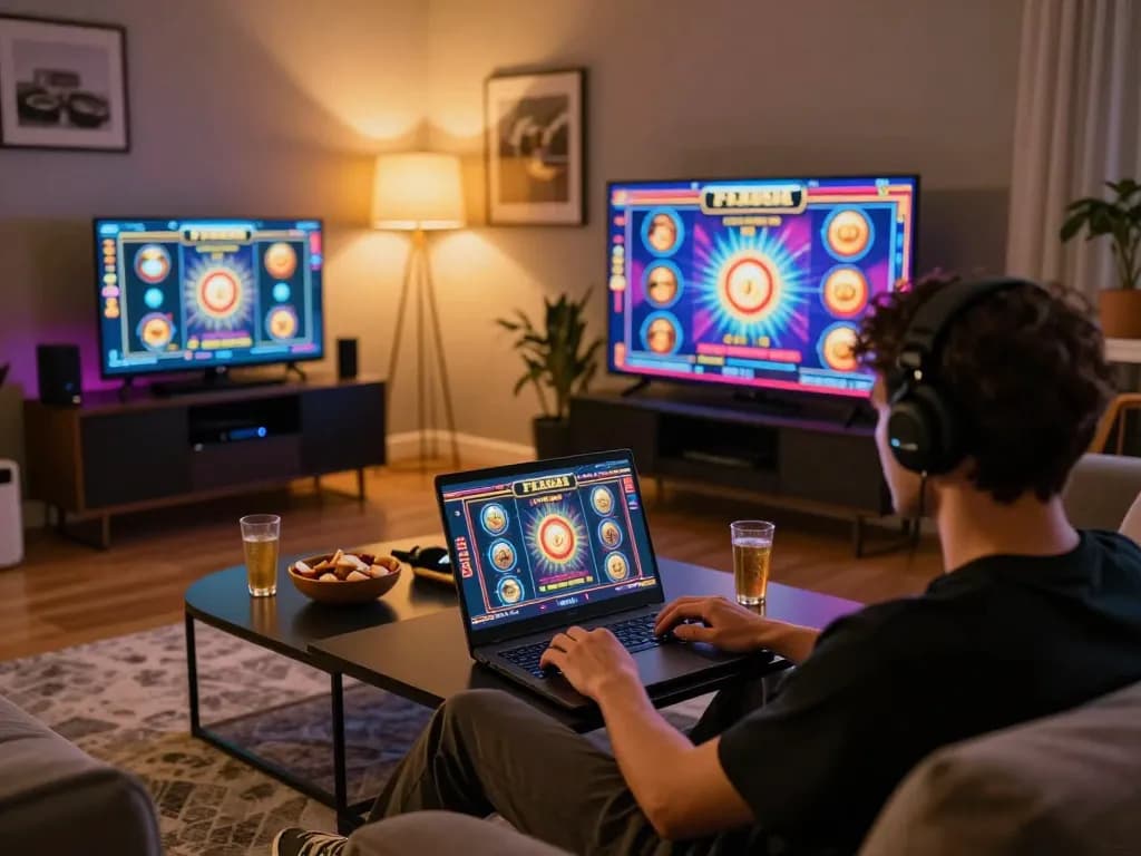 Player engaging with FAFA828 online slot game, showcasing vibrant gameplay and cozy atmosphere