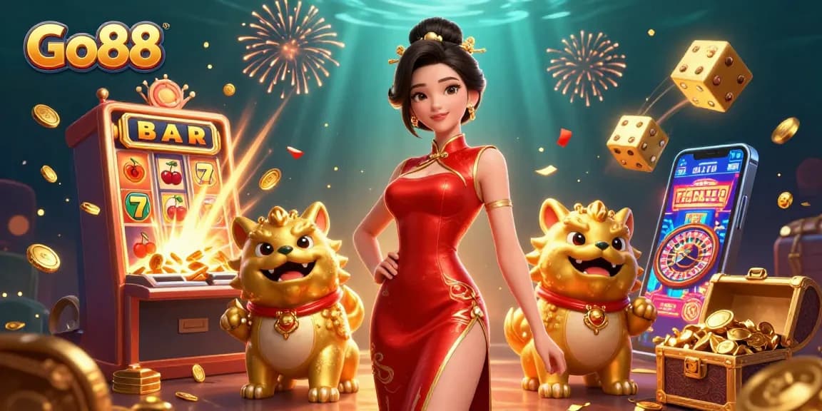 Win big at Go88 with vibrant 3D casino gaming surrounded by festive fireworks and jackpots.