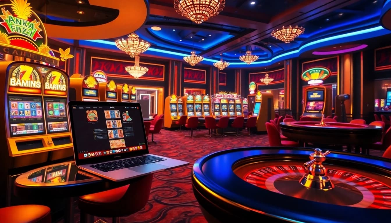 Adegan permainan yang seru secara online di ANEKA4D, menampilkan mesin slot dan meja poker.