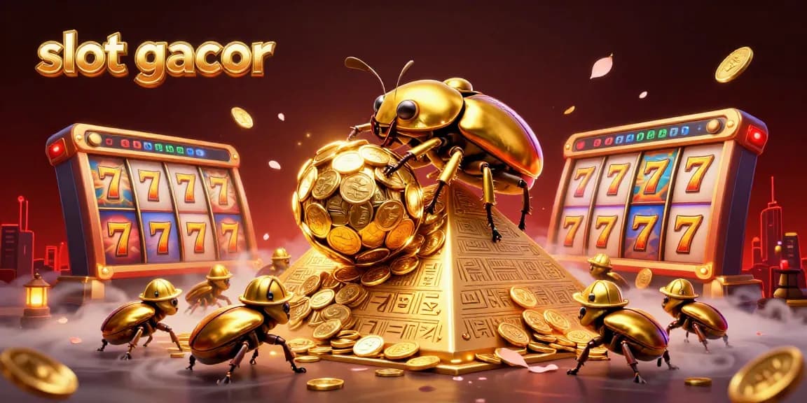 Experience the thrill of slot gacor with golden beetles and casino elements in a dynamic scene.