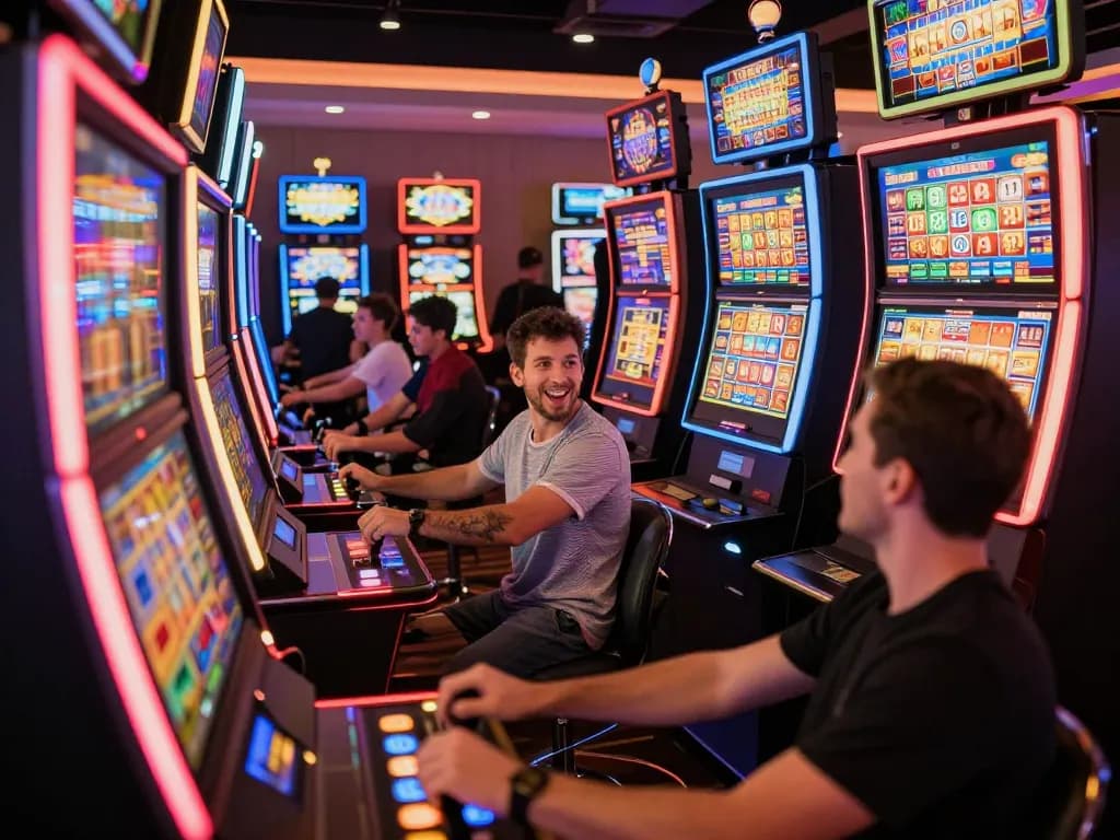 Experience slot gacor gampang menang with players enjoying vibrant slot machines, capturing moments of excitement.