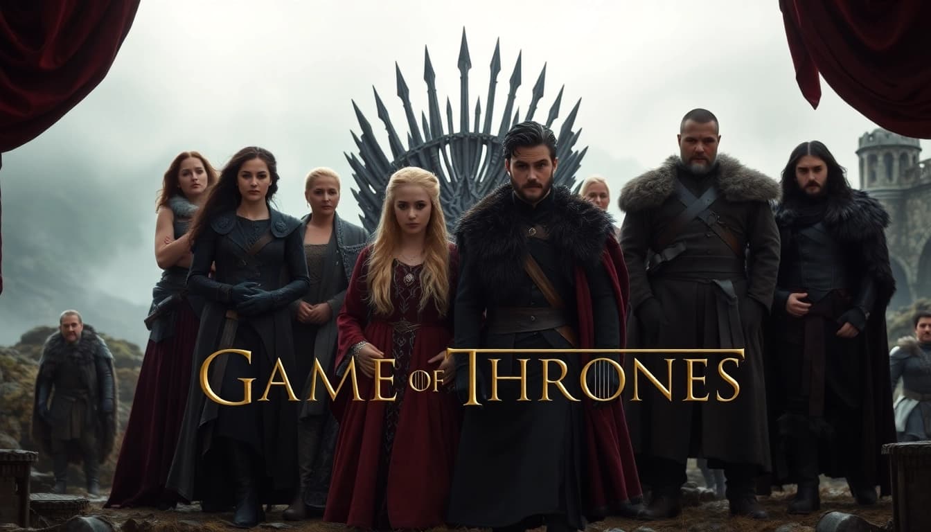 The Game of Thrones cast in a medieval setting, featuring iconic characters like Daenerys and Jon Snow.