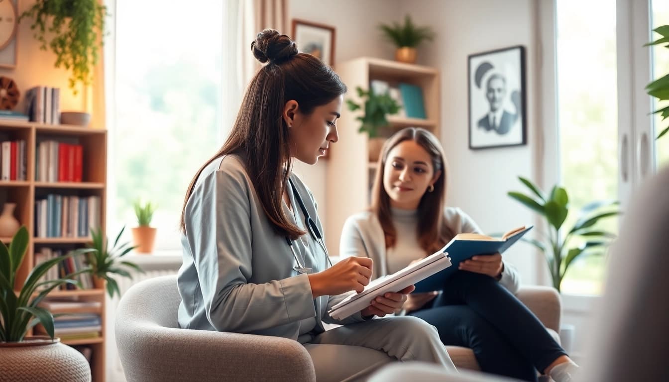 Anxiety symptoms depicted in a professional therapy setting, illustrating calmness and engagement.