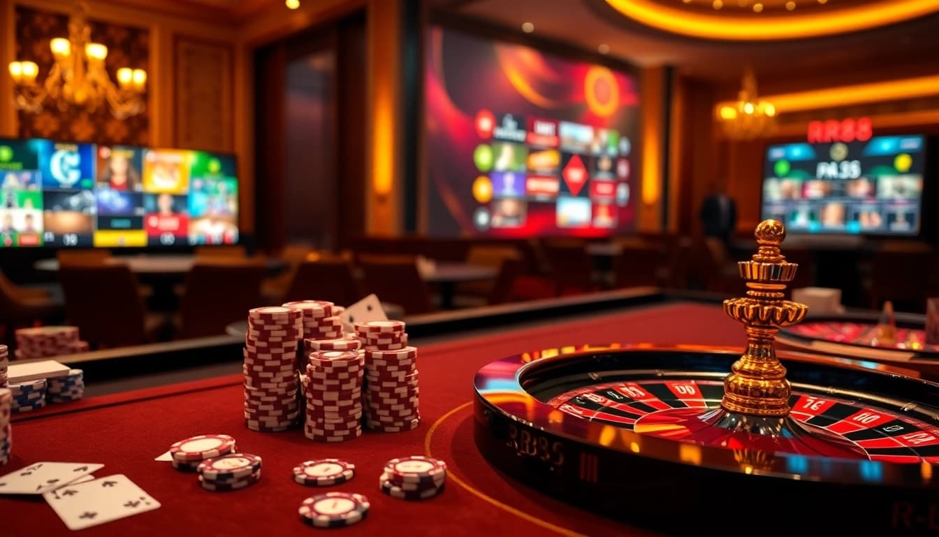 RR88 casino table displaying poker chips and cards for an exciting gaming experience.
