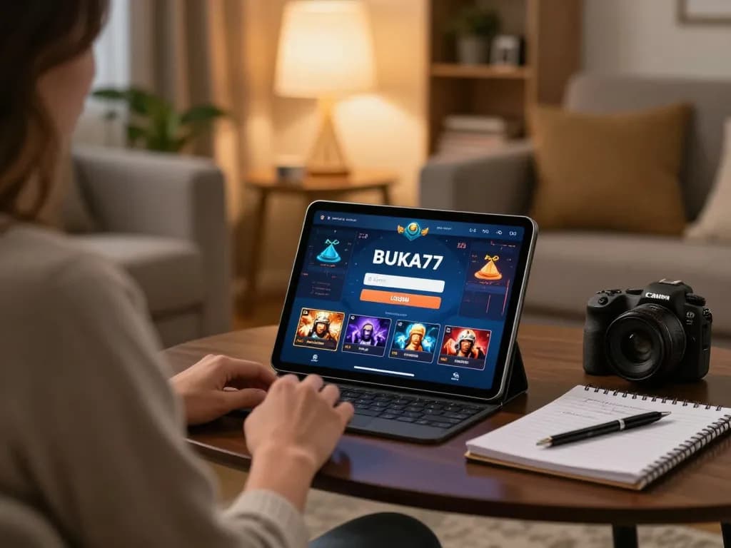 Engaging in BUKA77 LOGIN for online gaming, showcasing a cozy home setup for strategic betting.